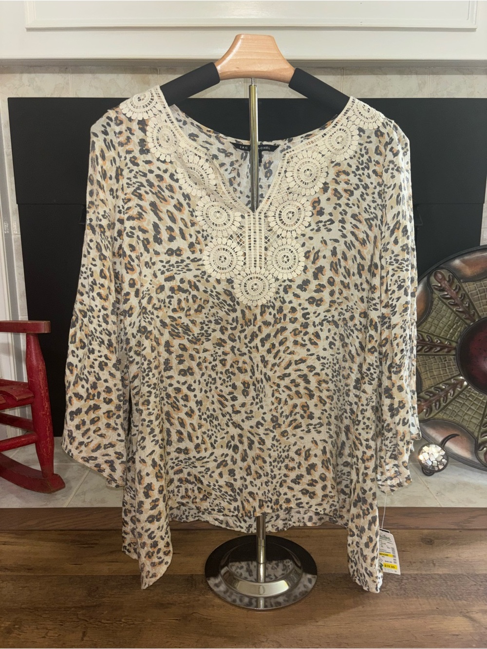 NWT Women's Cream Leopard Print Crochet-Trim Blouse